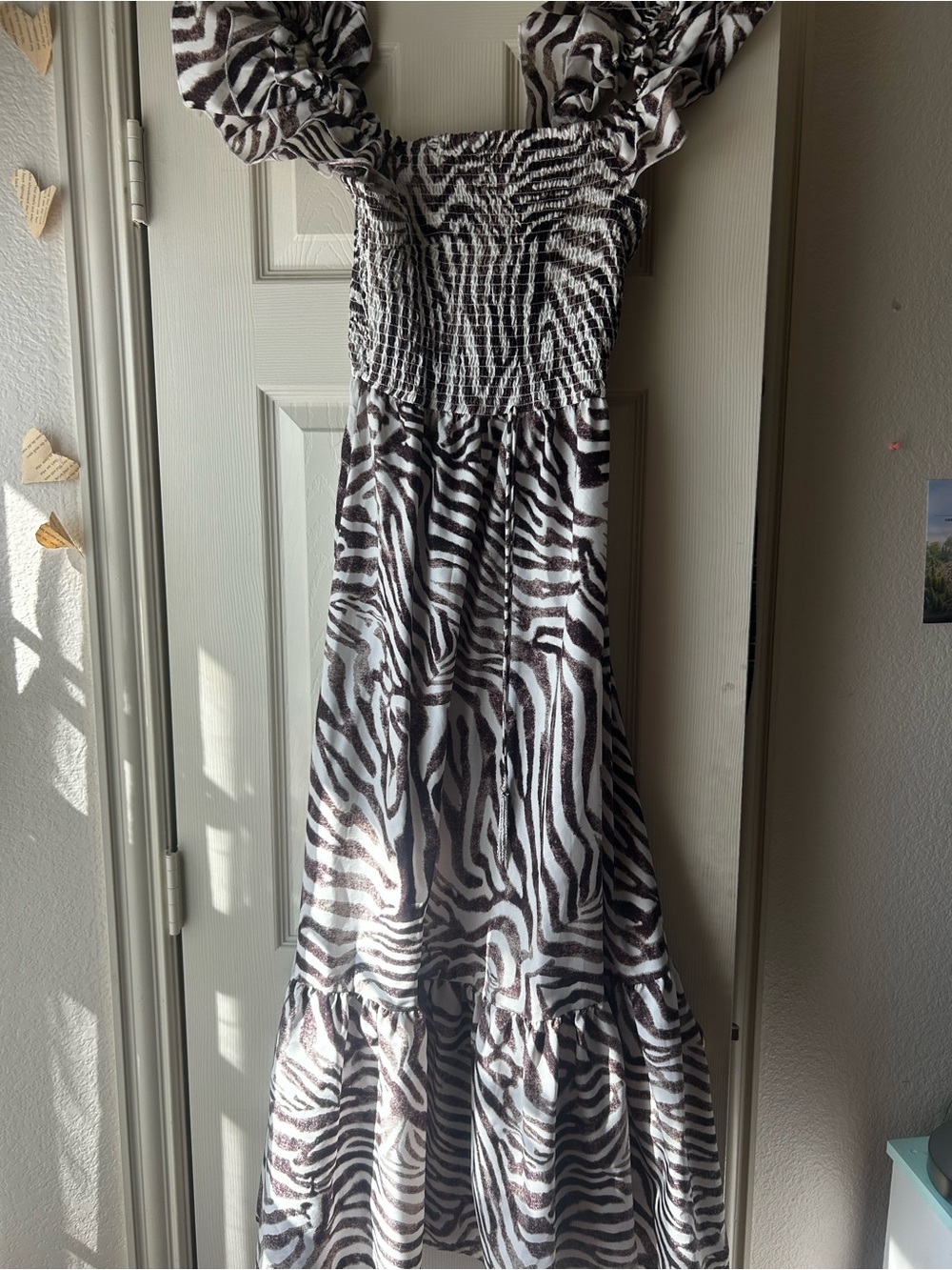 Zebra-Print Smocked Maxi Dress - Black & White